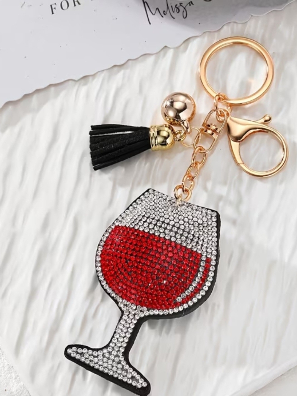 Crystal Wine Glass Keychain Charm - Red & Gold